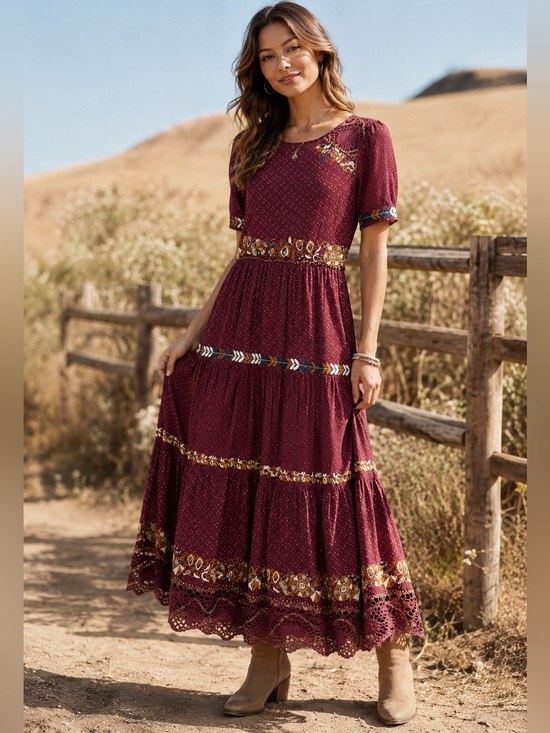 bohme Dresses & Skirts - Böhme Spanish Embroidered Maxi Dress Burgundy Boho Tiered 100% cotton medium